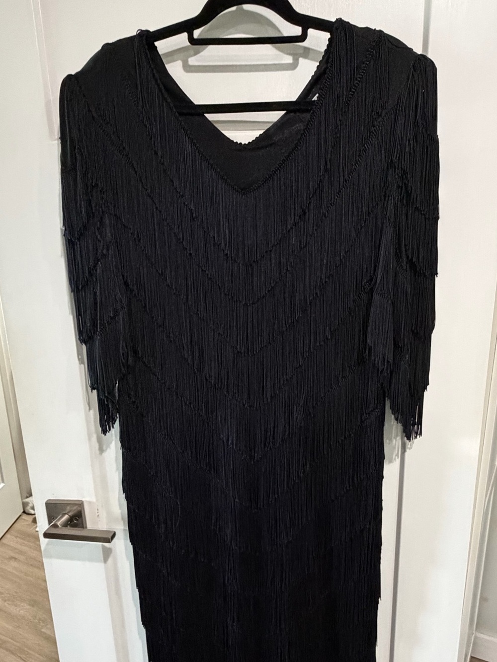 Vintage Nightworks Black Full Fringe V-Neck Women’s Dress